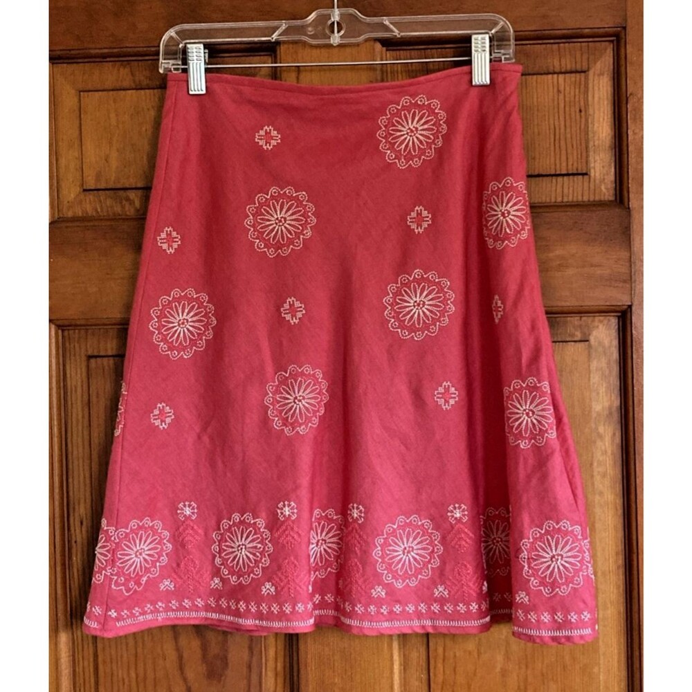 Richard Malcolm Womens 4 Pink Linen A-Line Skirt Embroidered Beaded Lined Chic